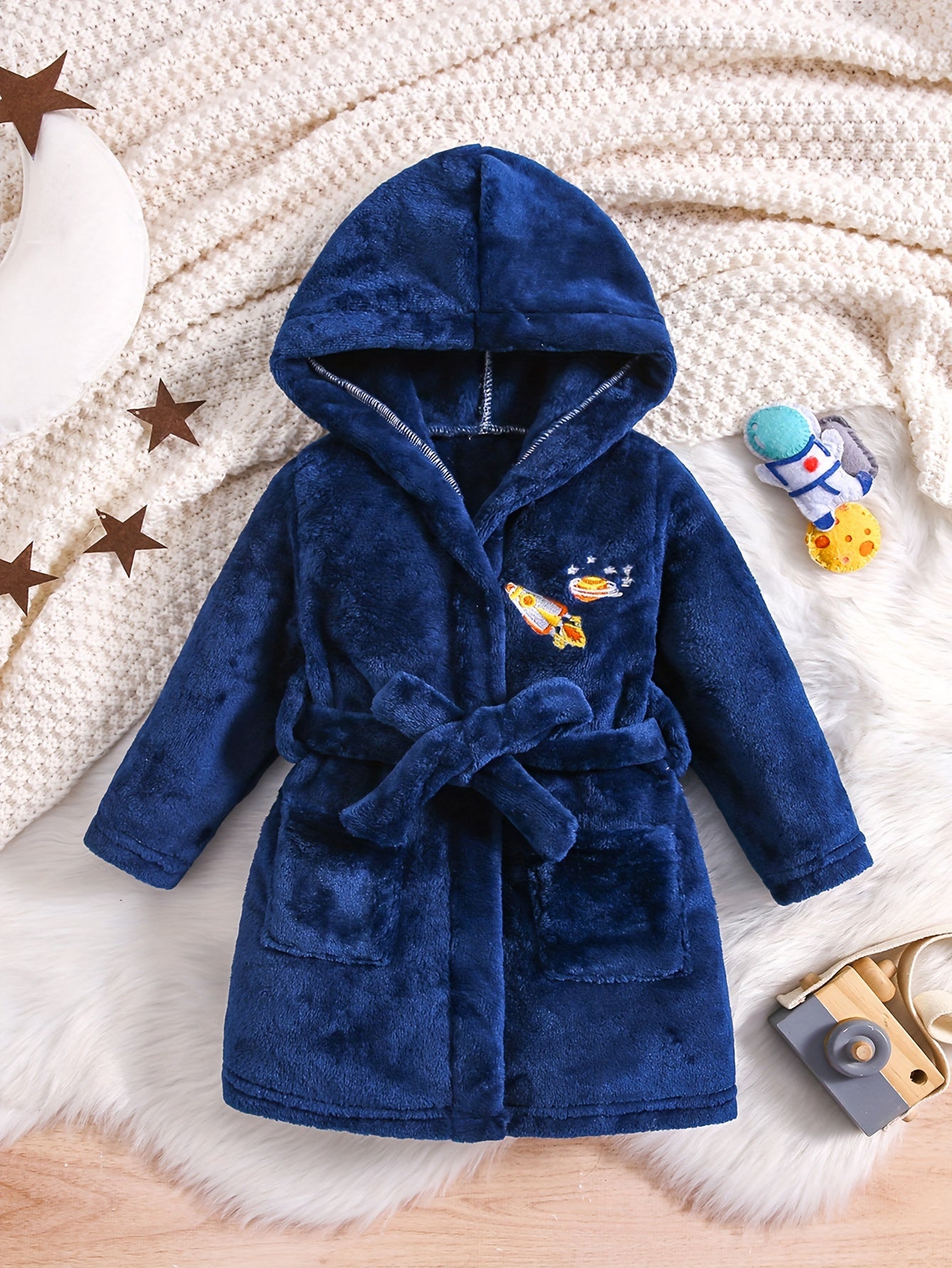 Kids Blue Flannel Hooded Bathrobe with Rocket Embroidery Cozy Thick Machine Washable