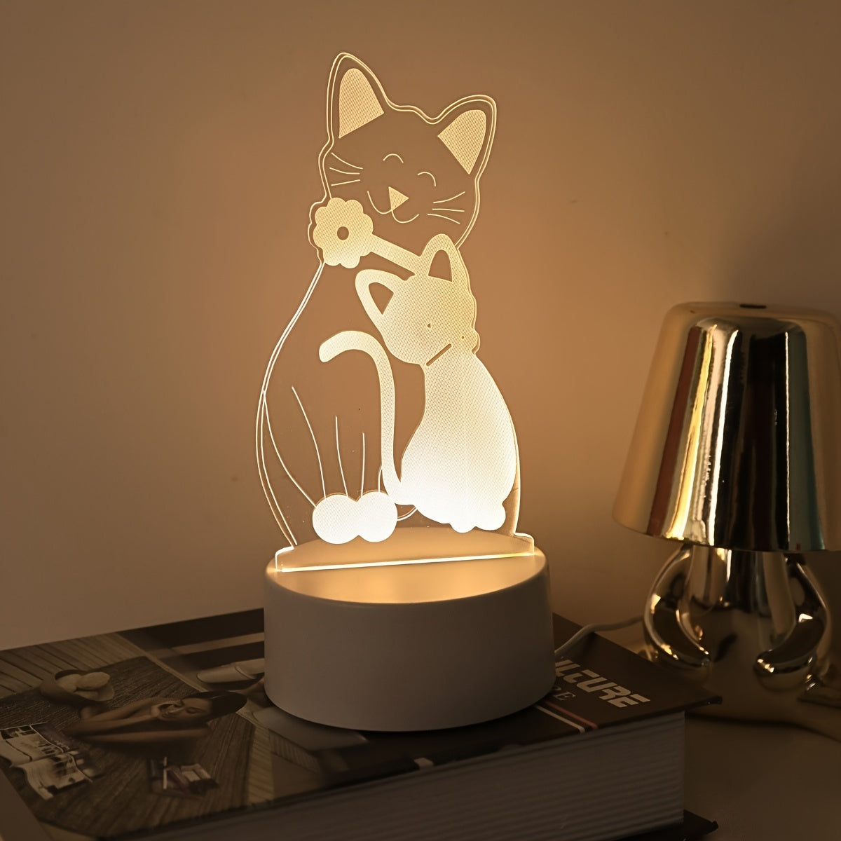 Monochrome 3D Cat Night Light USB Powered Bedroom Bedside Decor Gift