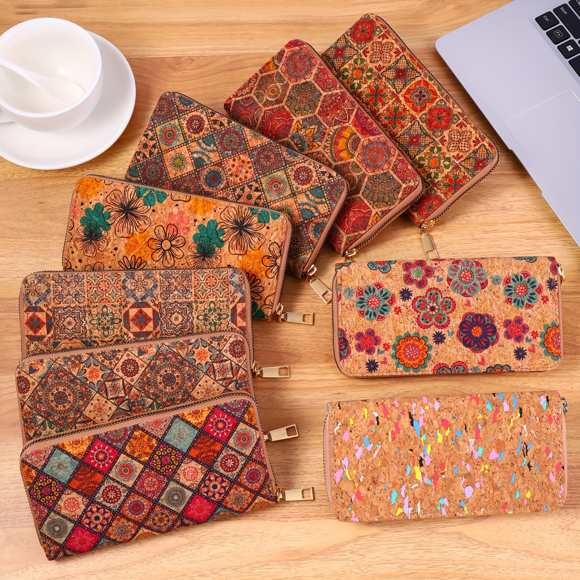 Ayollar uchun vegan teridan yasalgan gullar printi bilan bezatilgan hamyon, clutch tangalar sumkasi va soxta yog'och kredit karta ushlagichi.