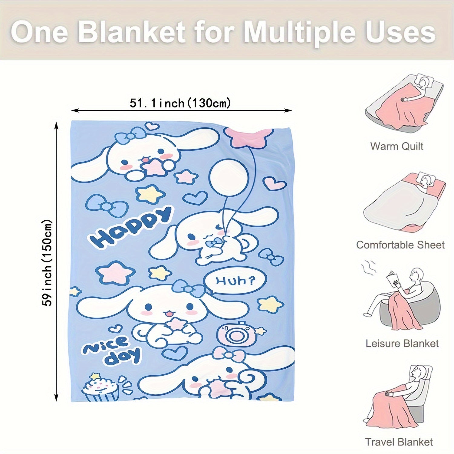 Soft Warm Cinnamoroll Plush Flannel Throw Blanket Cozy Cartoon Print for Bedroom Living Room Camping