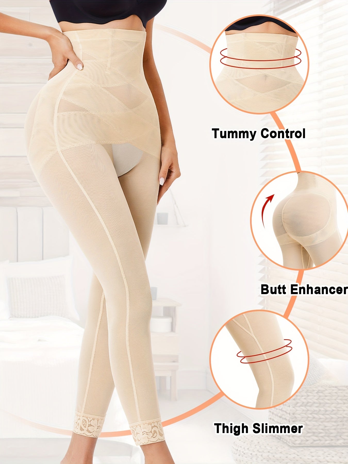 High-Waist Tummy Control Leggings with Lace Trim Butt Lifter Thigh Slimming for Women