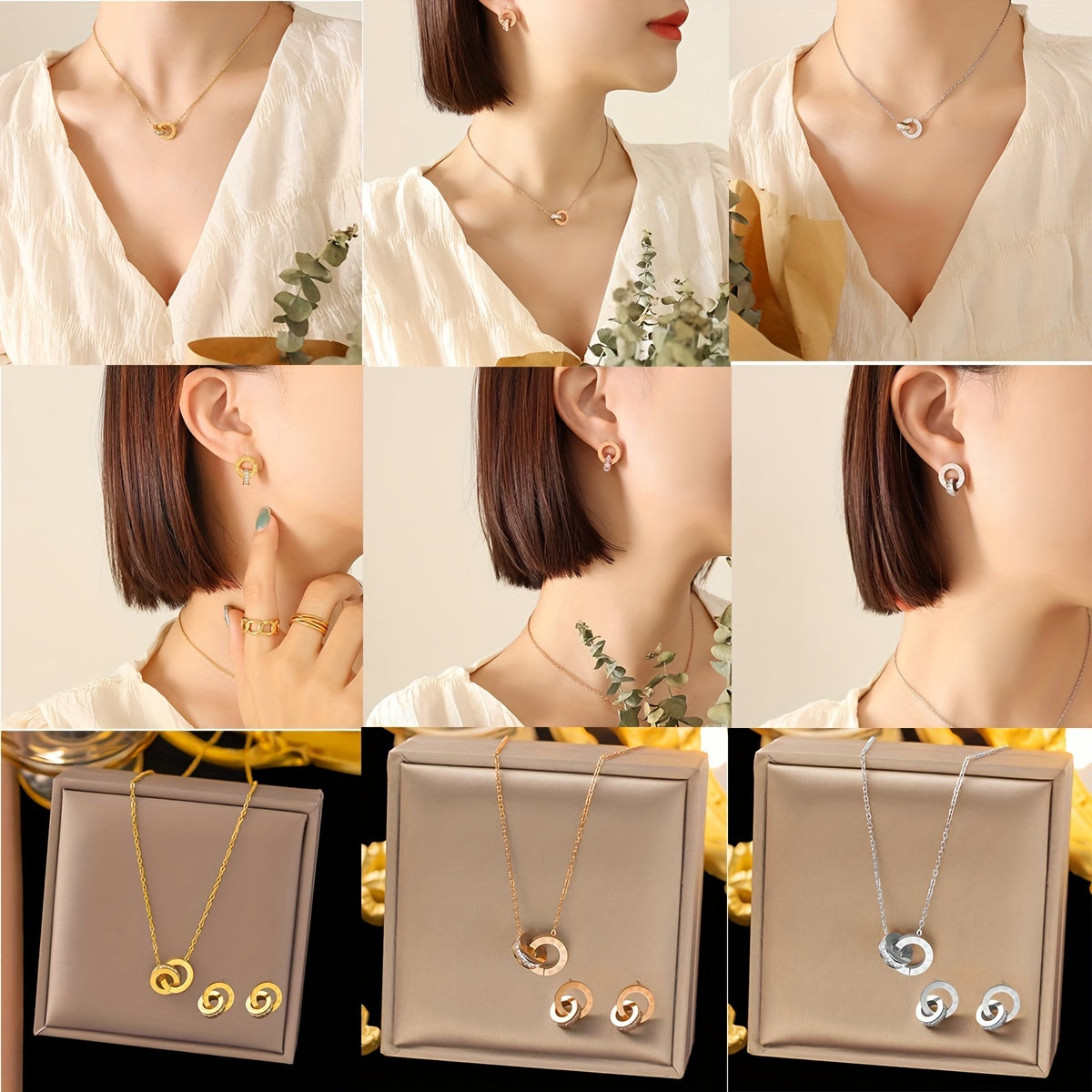 Stainless Steel Jewelry Set with Double-Loop Roman Numeral Necklace and Earrings for Women
