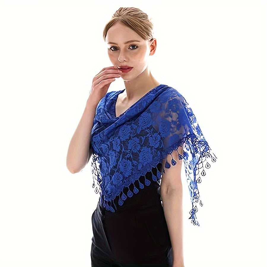 Women's Lace Shawl Triangular Mantilla Veil for Ceremonies with Tassel Accents