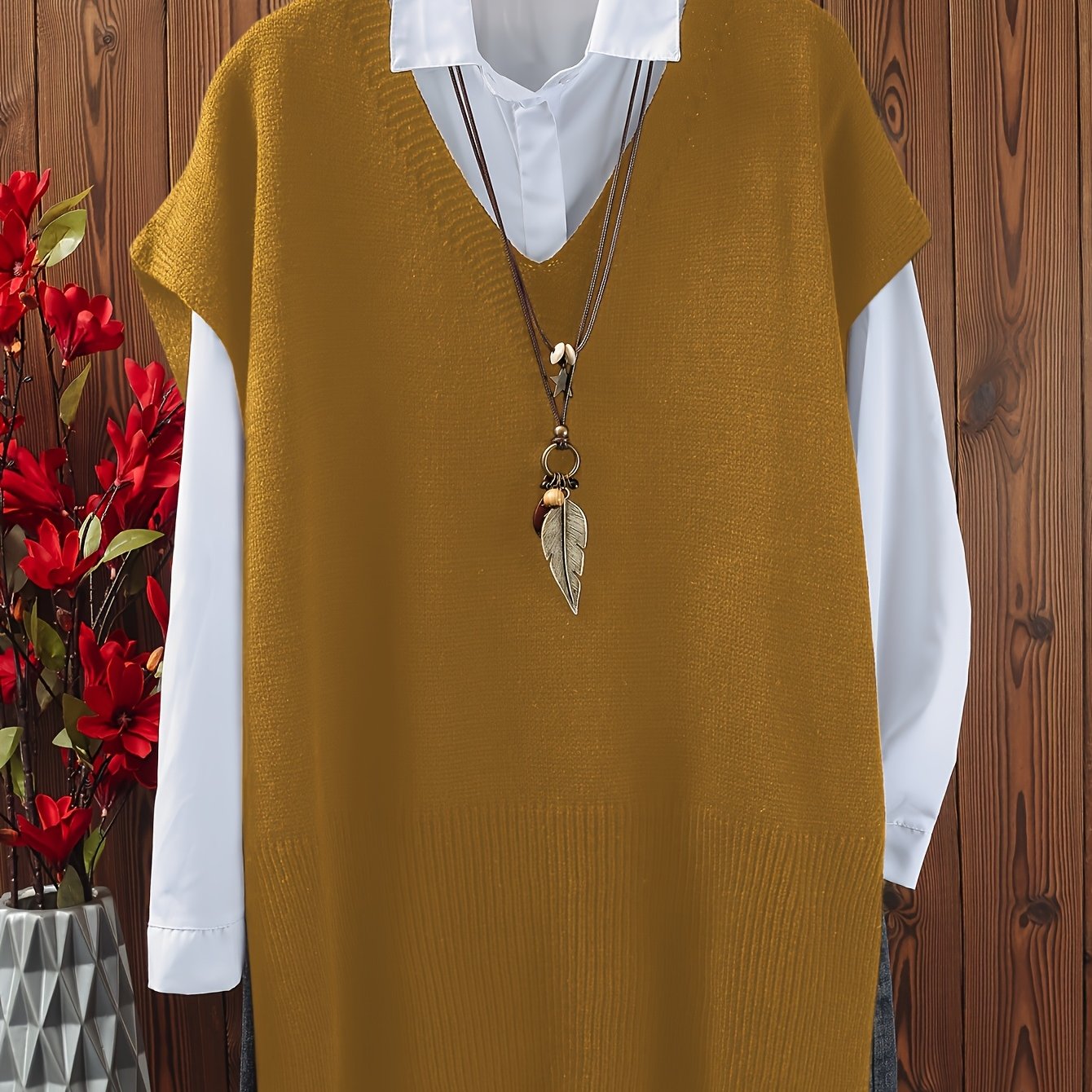 Katta o'lchamdagi ayollar uchun yirtqichlari bo'lgan bir rangli V-yuqori pullover.