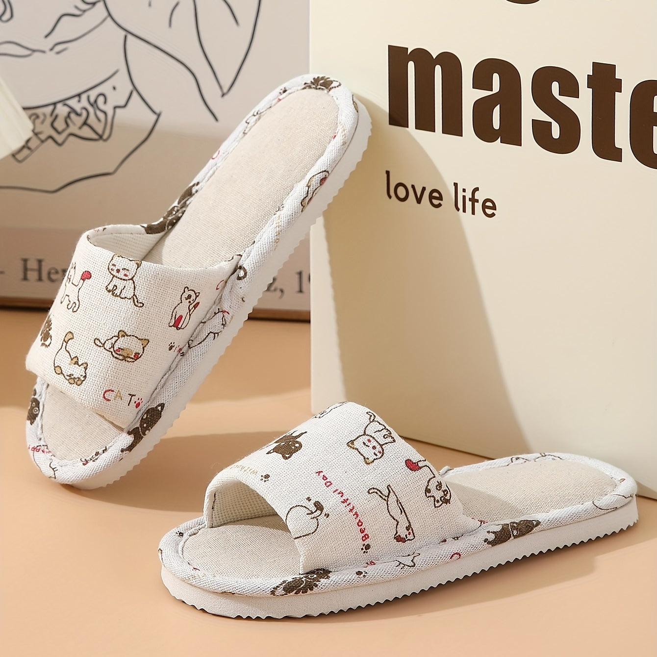 Women's Cat Print Flat Slippers Open Toe Non-slip Casual Slides