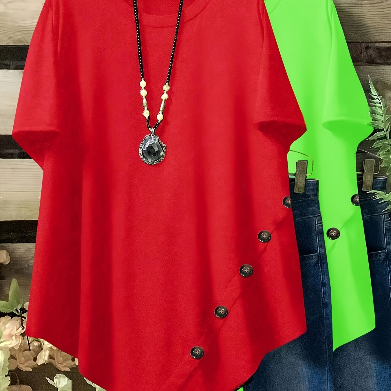 Plus Size Loose Fit Short Sleeve Casual T-Shirts with Button and Asym Hem