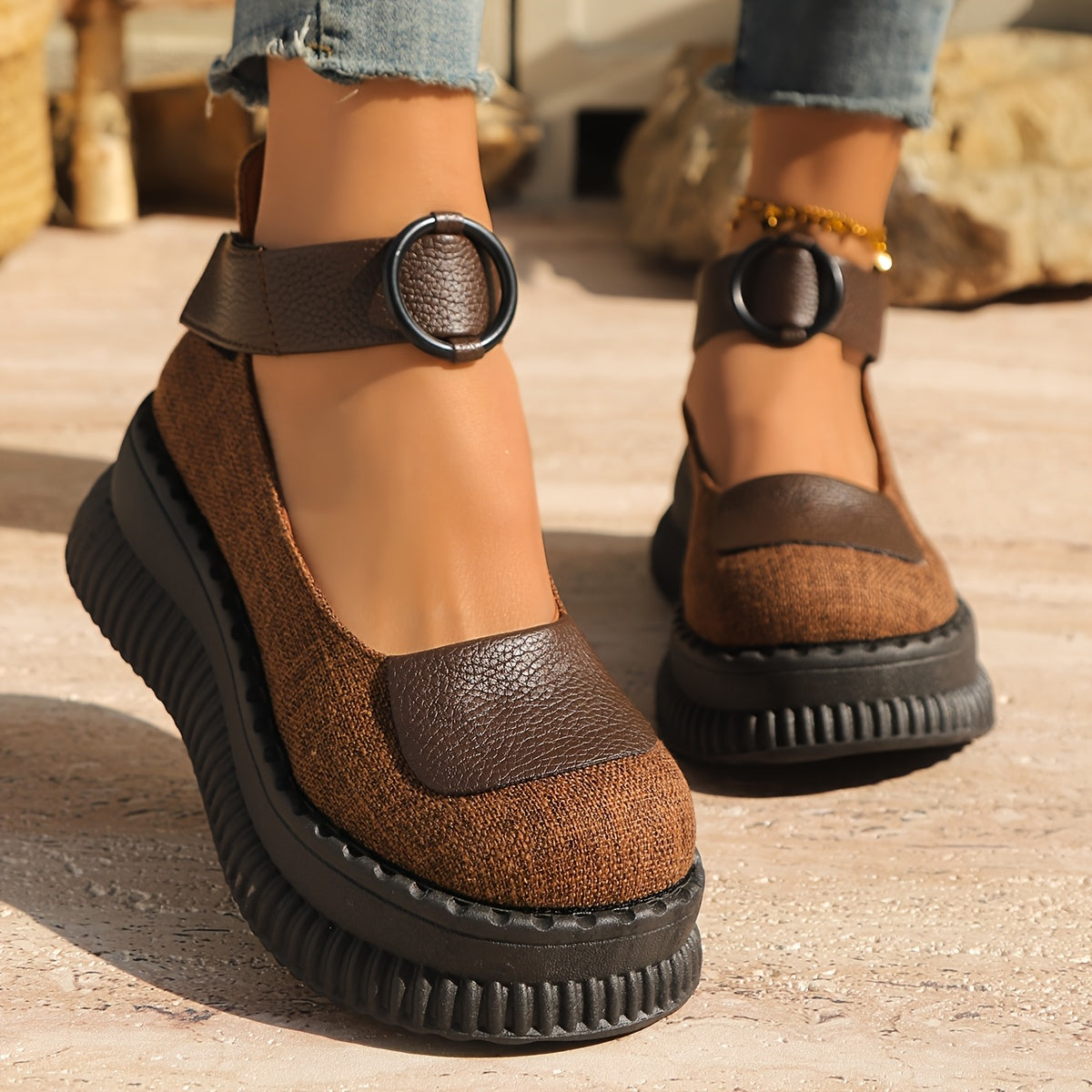 Women's Canvas Mary Jane Shoes with Platform Sole Adjustable Strap Black Beige