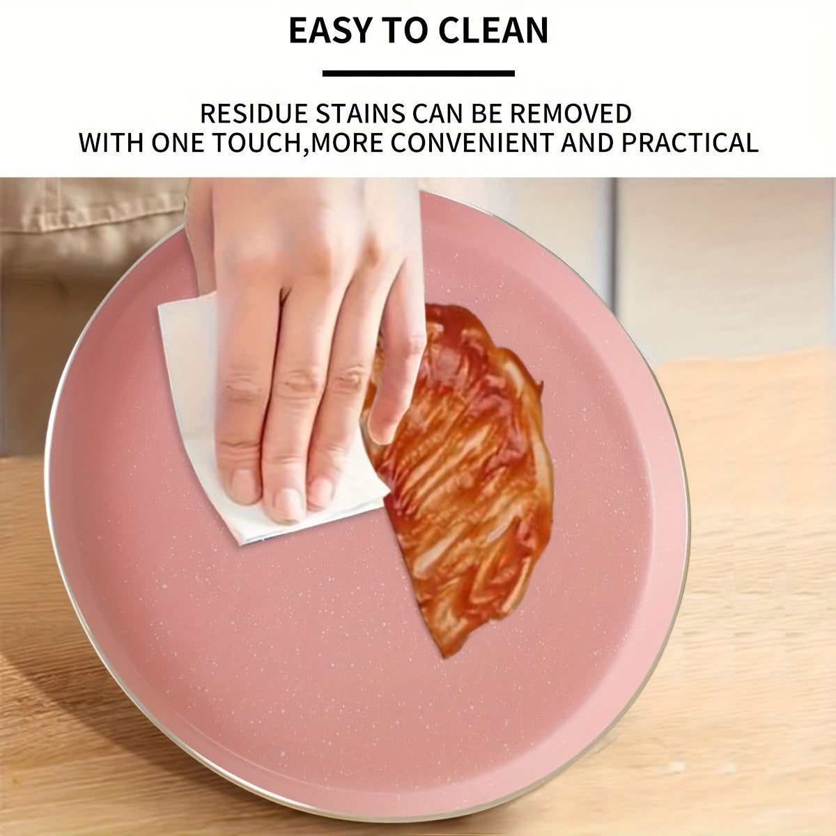 Sartén de aluminio antiadherente rosa con acabado en piedra mica, mango de madera, apta para lavavajillas, compatible con resistencias eléctricas