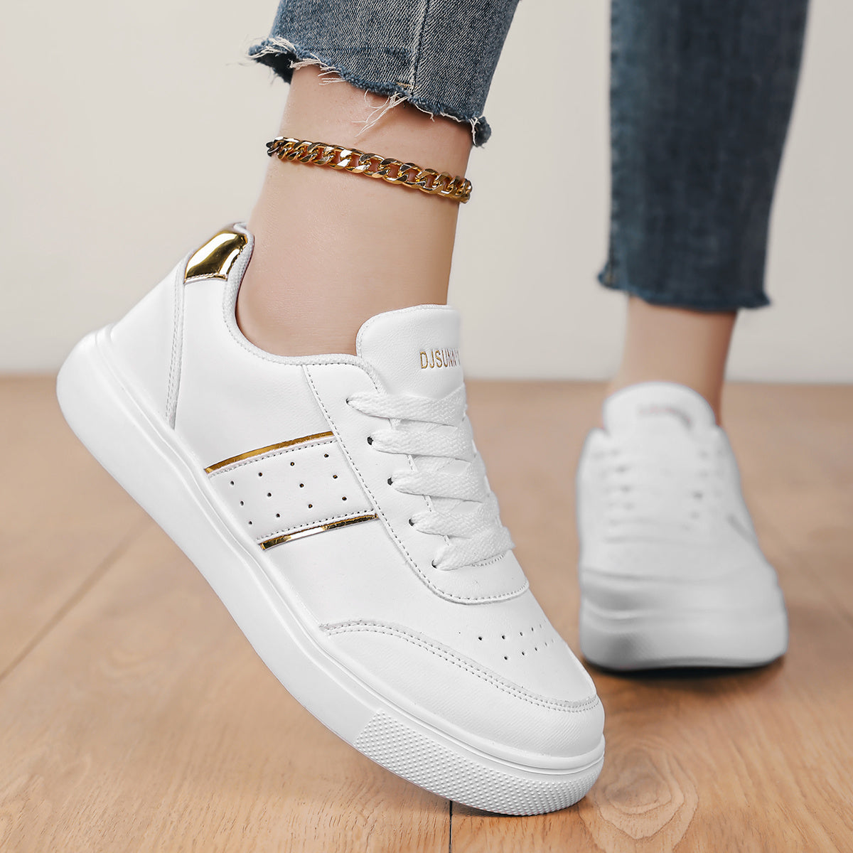 Women’s Casual Sneakers White with Gold Accents Comfortable Lace-Up Shoes