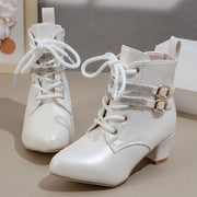 Women's White Ankle Boots with Golden Buckles Side Zipper Chunky Heel