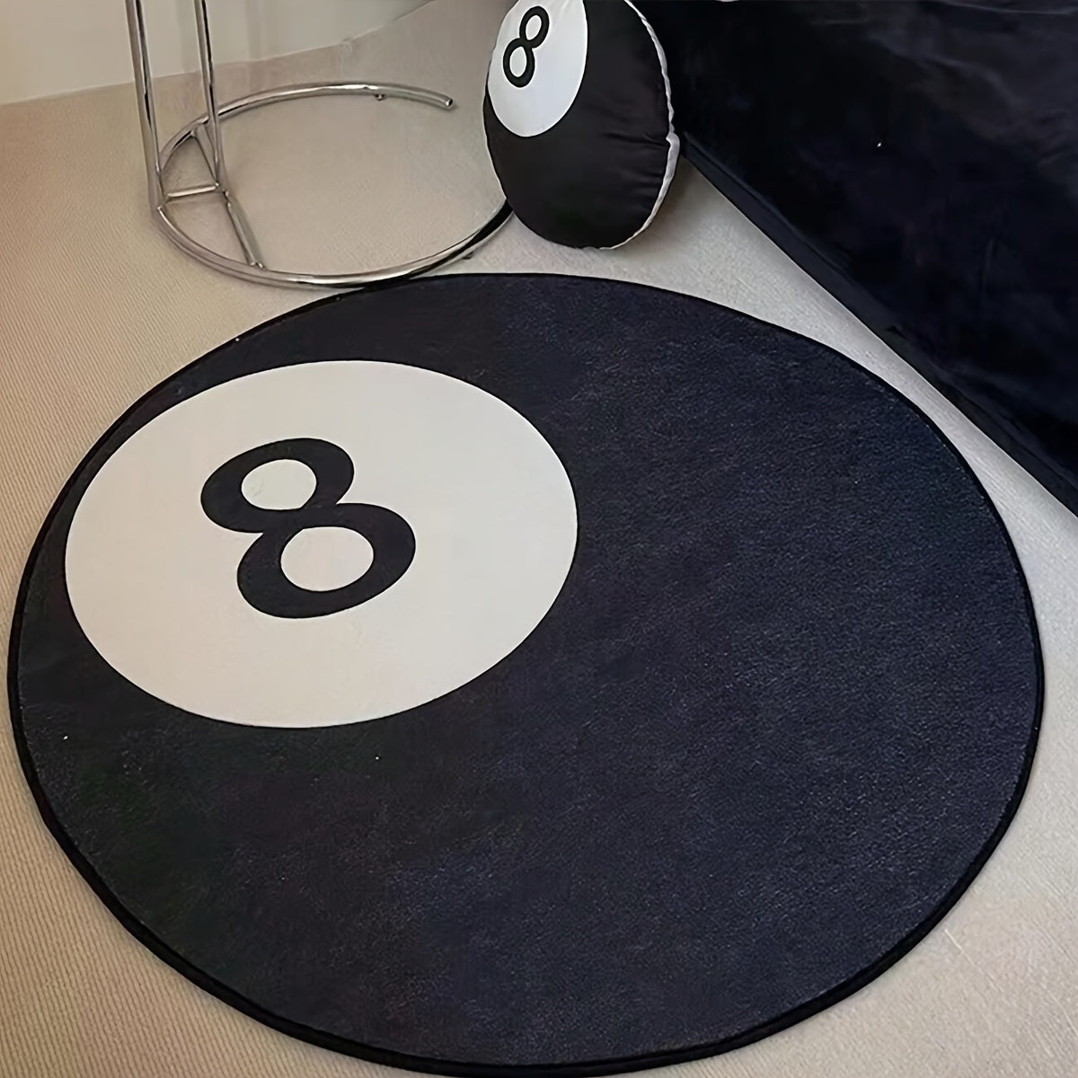 Black and White Billiards-Inspired Round Rug Non-Slip Stain-Proof Polyester Floor Mat for Living Room Bedroom Office