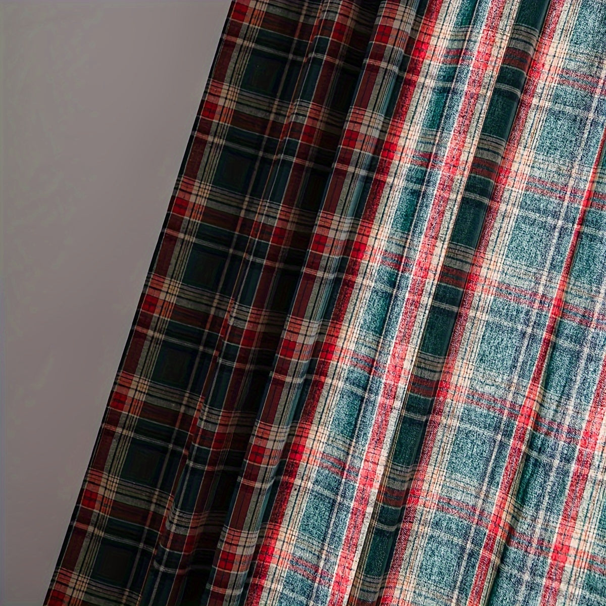 Green Plaid Christmas Curtain with Invisible Rod for Bedroom Balcony Living Room