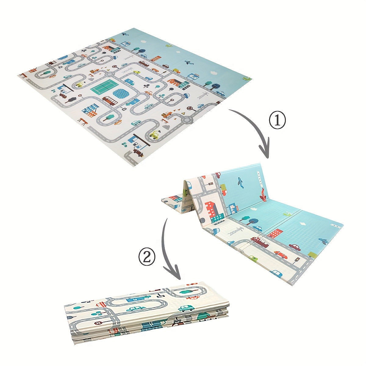 1 dona FunCity o'yin matosi, egiluvchan XPE toksik bo'lmagan, suv o'tkazmaydigan, yengil ichki va tashqi foydalanish uchun mo'ljallangan, transport yo'li dizayni bilan - 200x180x1 sm.