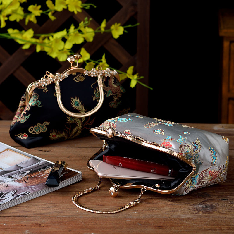 Women's Evening Clutch Bag with Beaded Embellishment Adjustable Strap Vintage Style Black Gold Silver