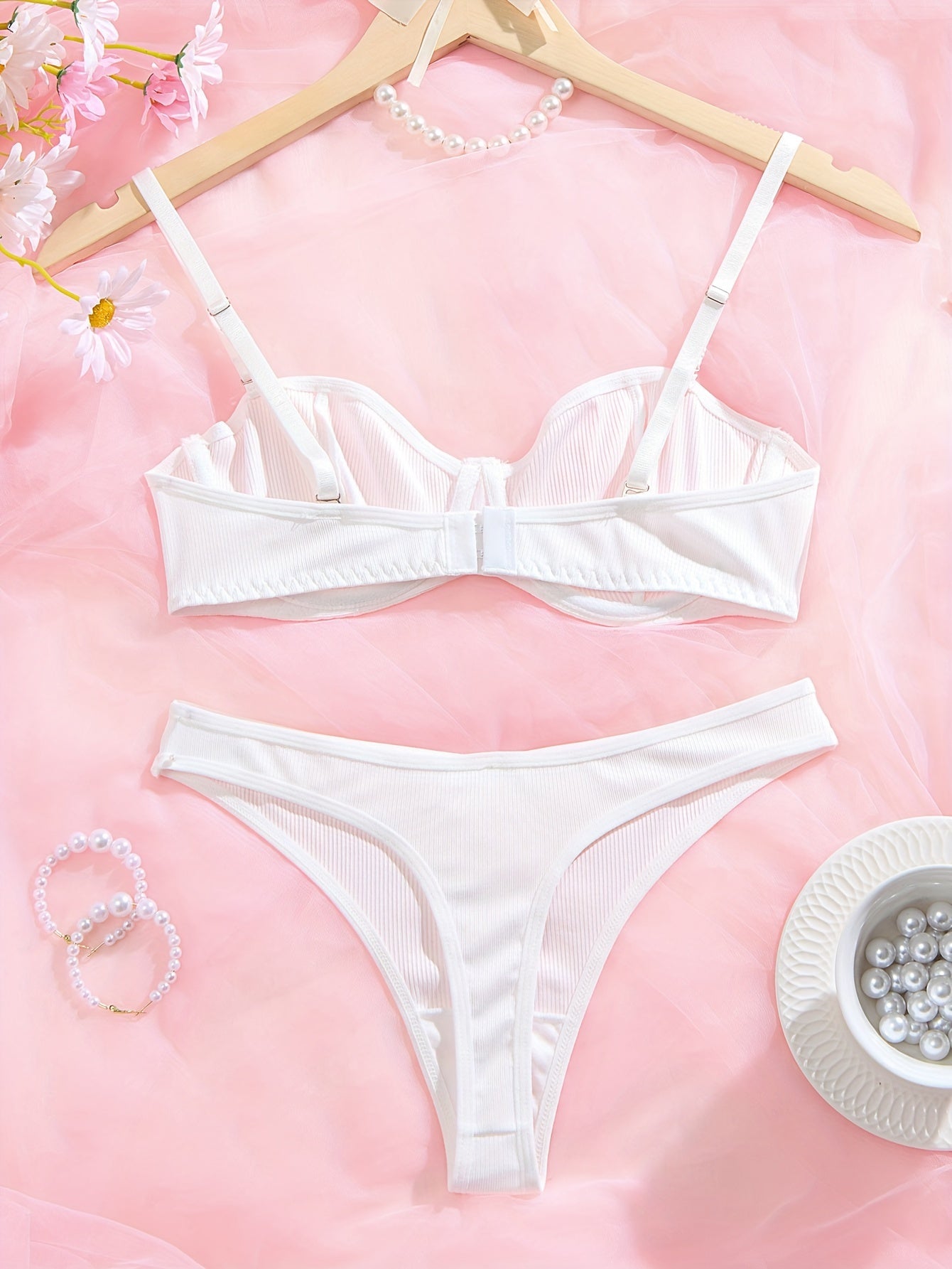 Women's Rib Knit Lingerie Set with Spaghetti Strap Bra and Thong