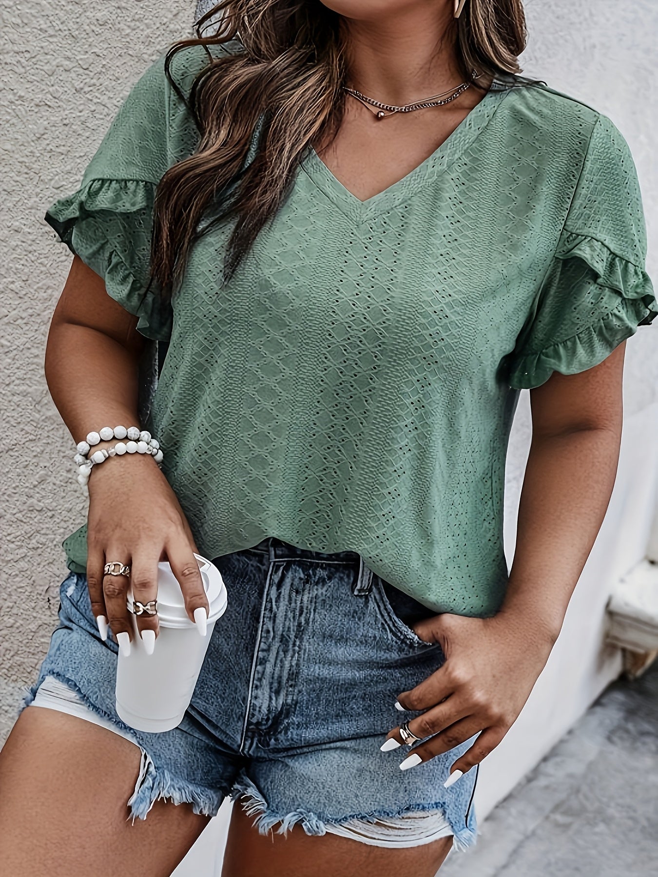 Plus Size V-Neck Blouse with Ruffled Sleeves Textured Jacquard Casual Top