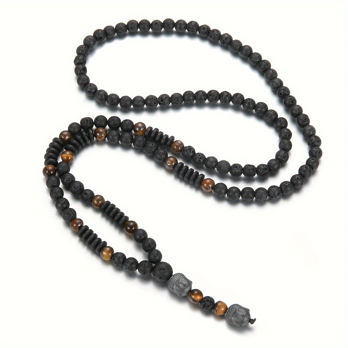 Unisex Natural Stone Bead Necklace with Buddha Head Pendant for Father's Day
