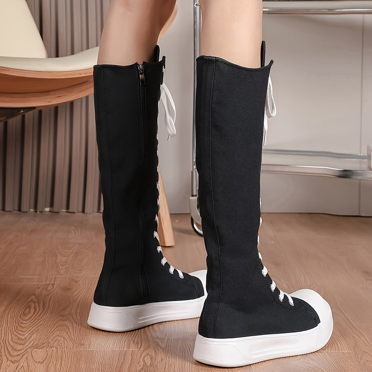 Women's Solid Color Slim Knee High Boots Side Zipper Platform Lace Up