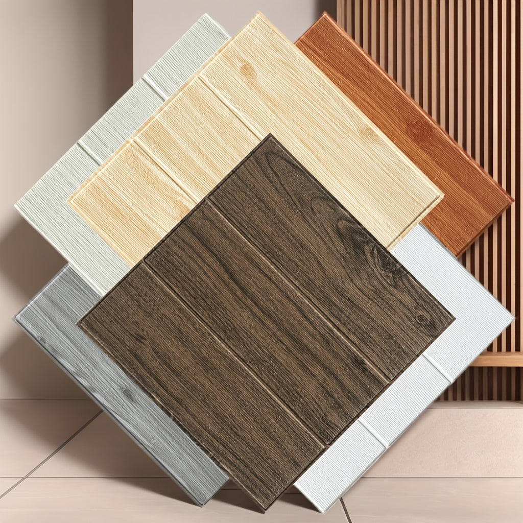 10pcs Wood Grain Self-Adhesive Wall Stickers 35x35cm Rectangular Cabin Style Decor