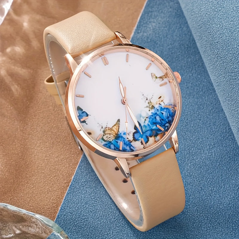 Set of 5 Blue Quartz Watches with Leather Strap Zinc Alloy Dial and Butterfly Jewelry