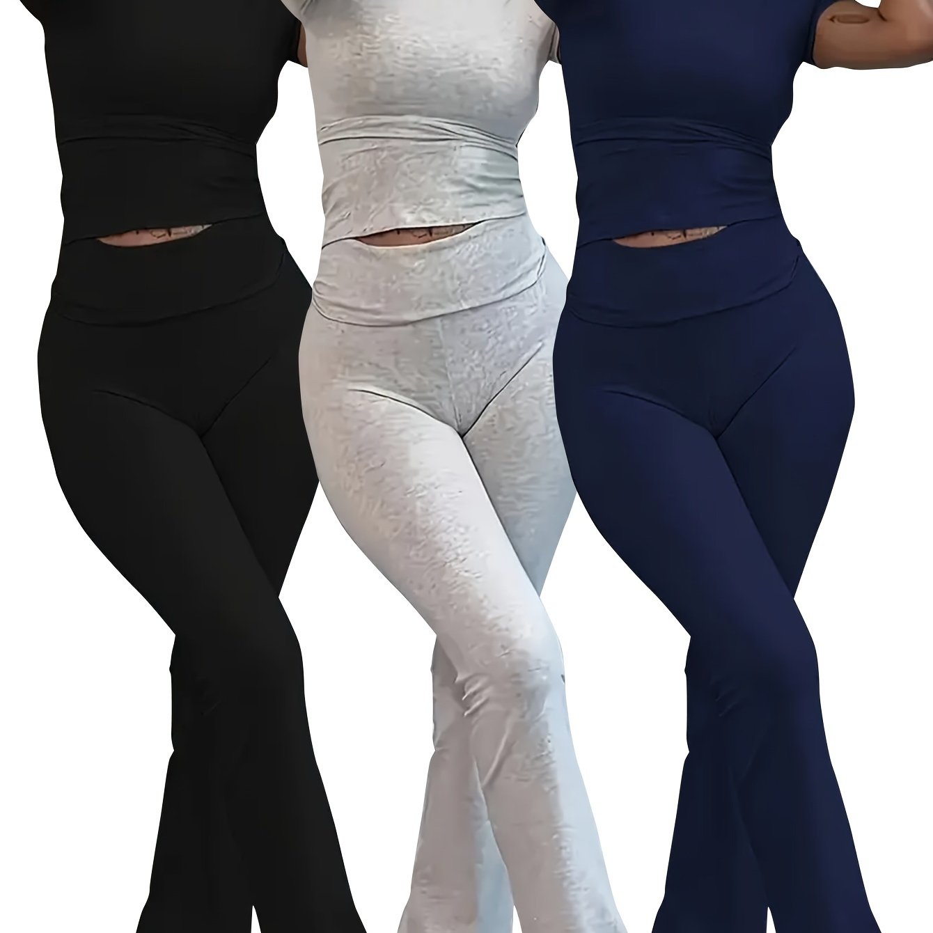 Women's Lounge Set 3-Piece Crop Top Flared Pants Solid Color Knit Modal Comfortable Casual