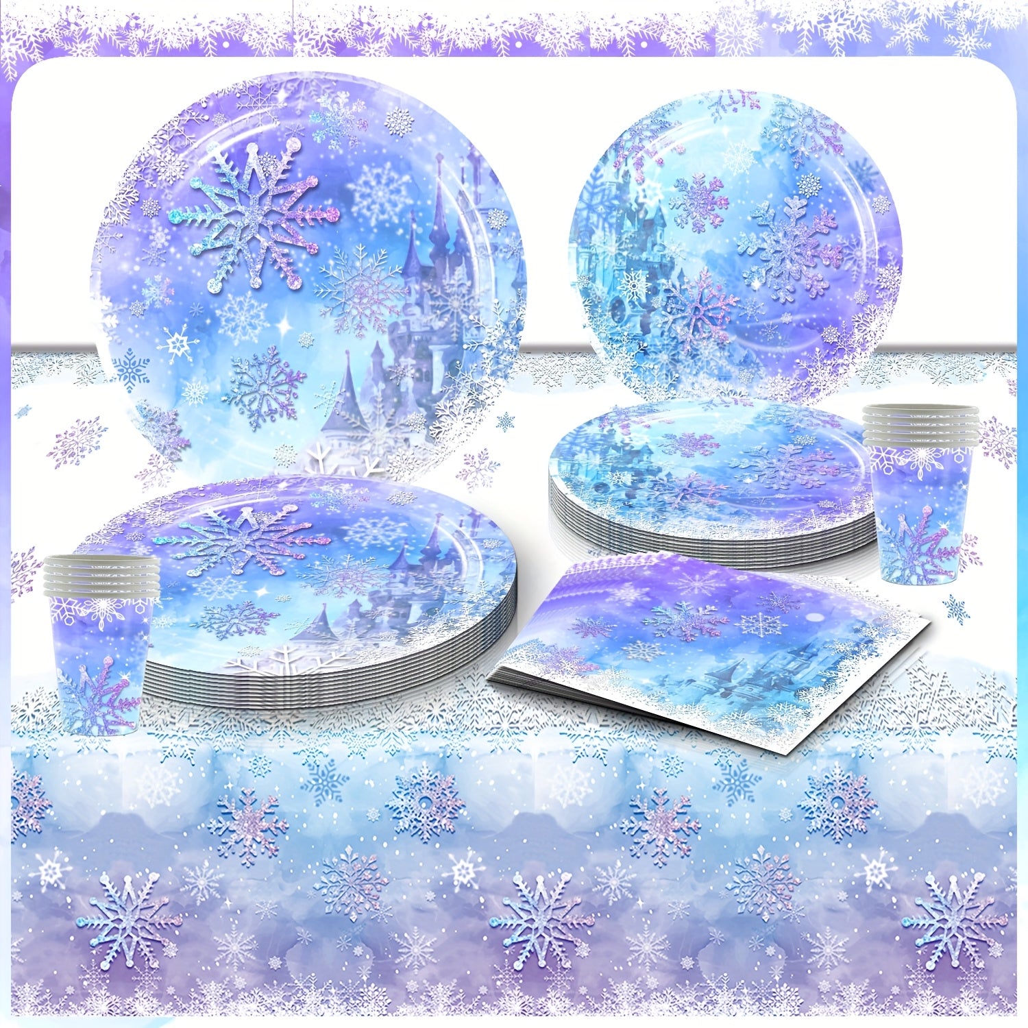 Snowflake Winter Wonderland Plastic Tablecloth for Girls Birthday Parties Water-Resistant Durable