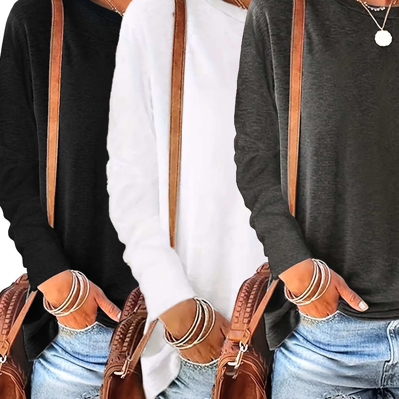 Women's Long Sleeve Round Neck Tops Set Cotton Casual Shirts for Spring Fall