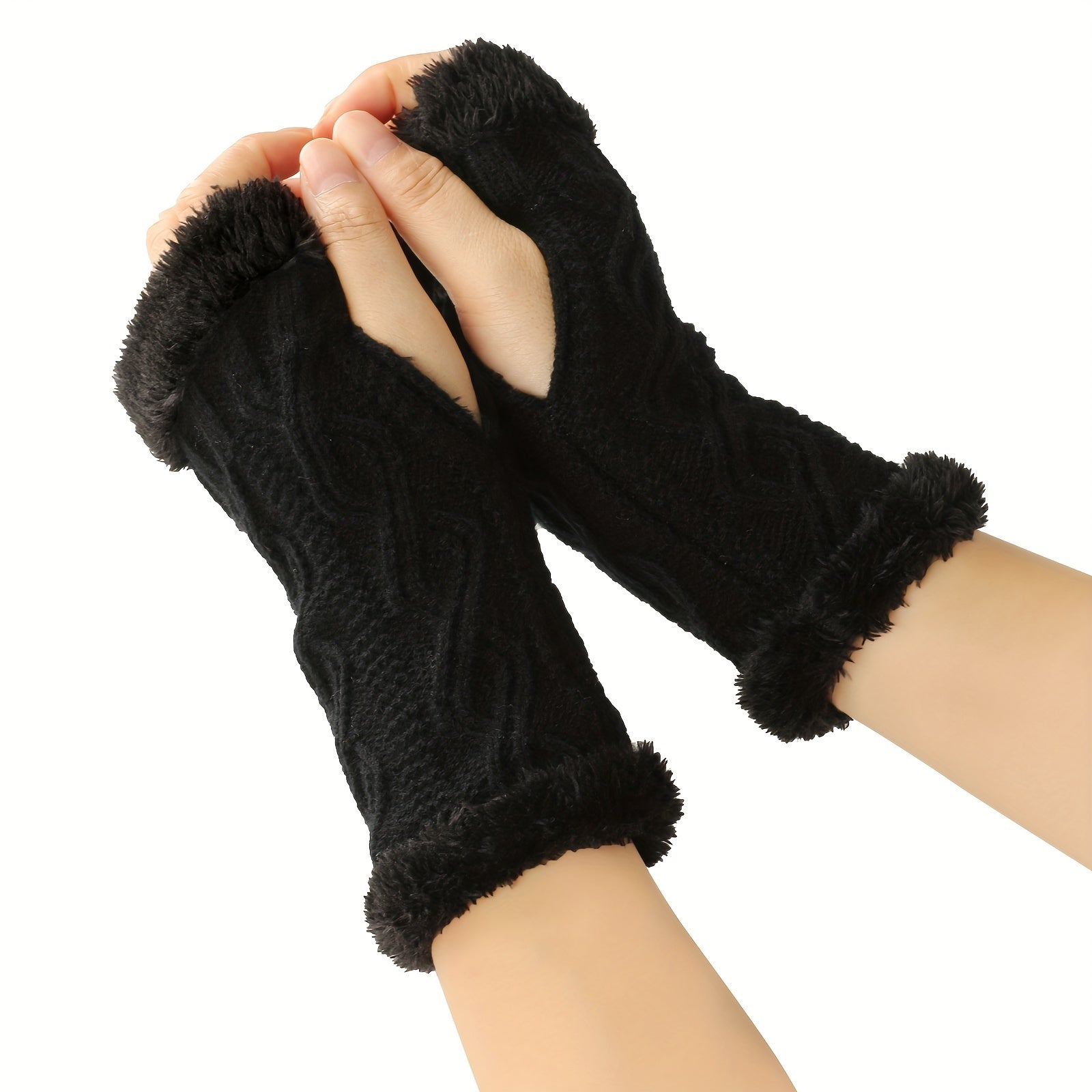 Solid Color Twist Knit Fingerless Gloves with Velvet Lining for Winter Warmth