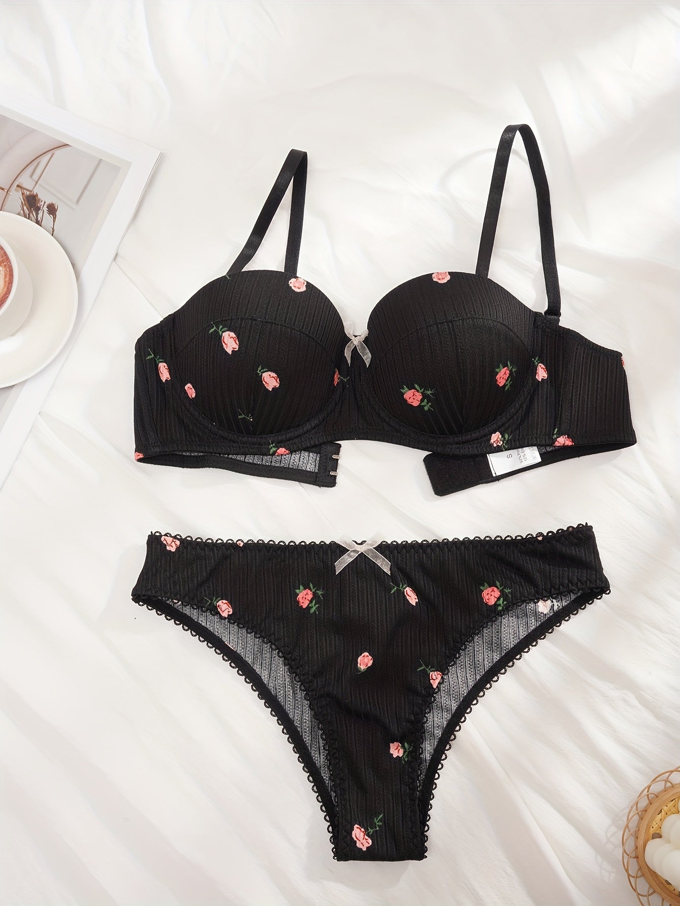 Women's Floral Print Lingerie Set with Push Up Bra and Elastic Panties