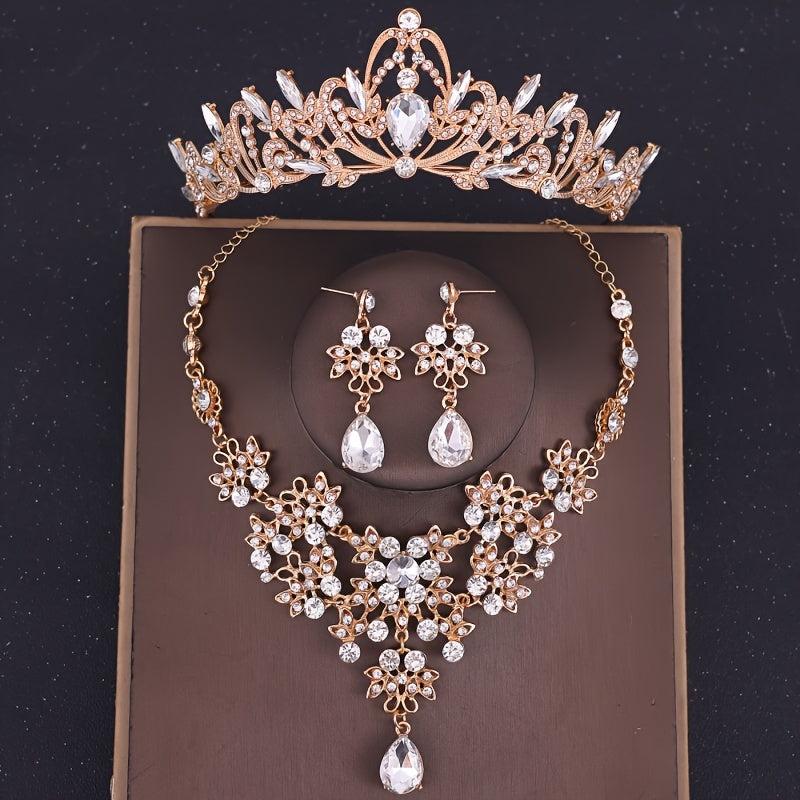 Elegant Wedding Jewelry Set with Crown Necklace and Earrings Green Rhinestones Bridal Accessories for Women