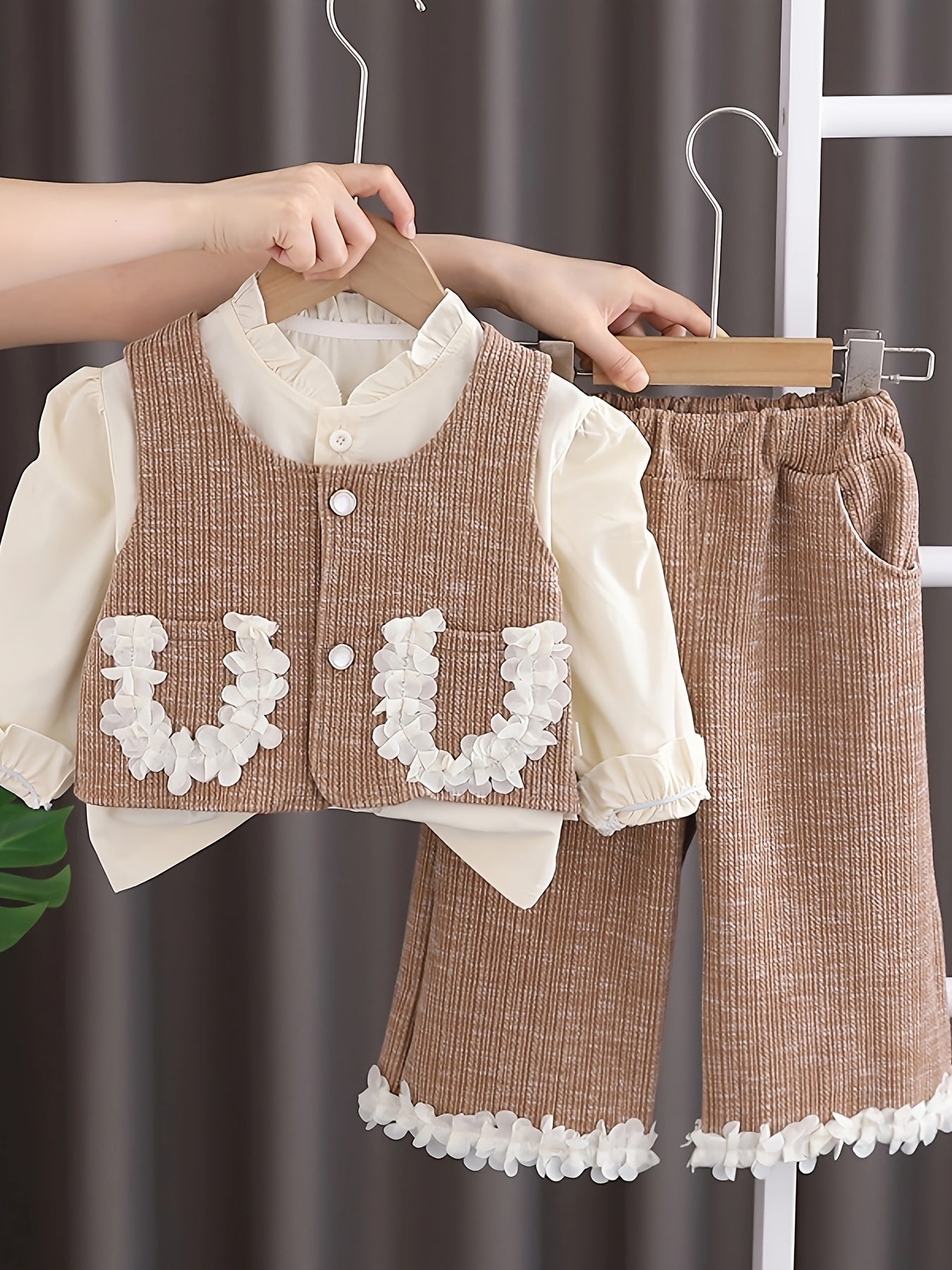 Girls Autumn Outfit Set Shirt Vest with Lace Pockets Trousers Cotton Blend Spring Fall Kids