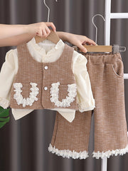 Girls Autumn Outfit Set Shirt Vest with Lace Pockets Trousers Cotton Blend Spring Fall Kids