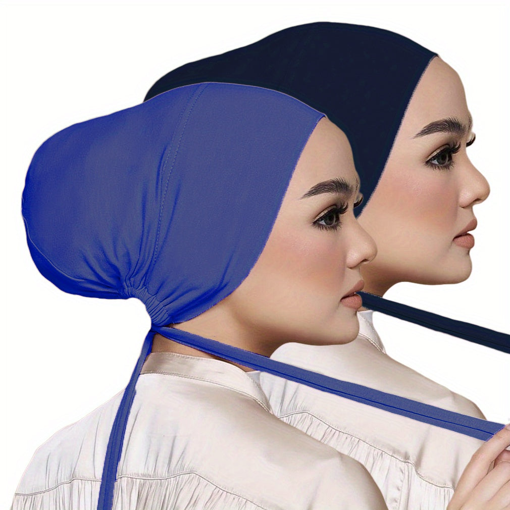Set of 2 Solid Color Tied Back Undercaps with Elastic Inner Hijab Caps for Women