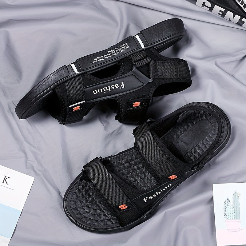 Men's Non-Slip Summer Sandals Fabric Beach Shoes with Hook-and-Loop Fastener Rubber Sole Black and Orange