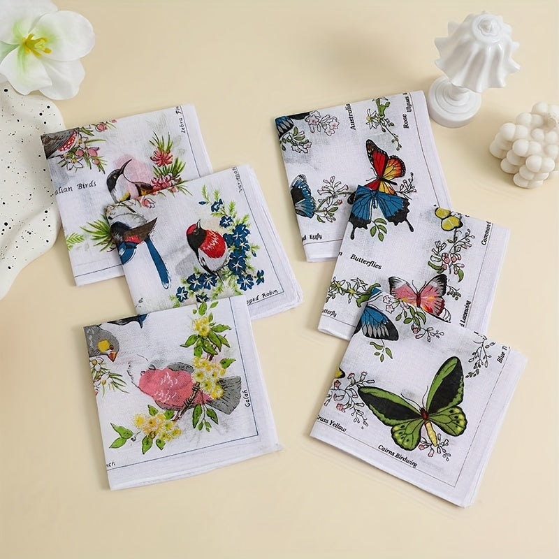 Set of 6 Cotton Handkerchiefs for Men and Women Butterfly and Bird Prints Soft and Absorbent