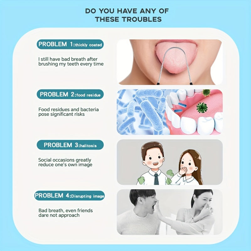 Tilni tozalash uchun zanglamaydigan po'latdan yasalgan U-shakl ko'p rangli og'iz gigiyenasi asbobi