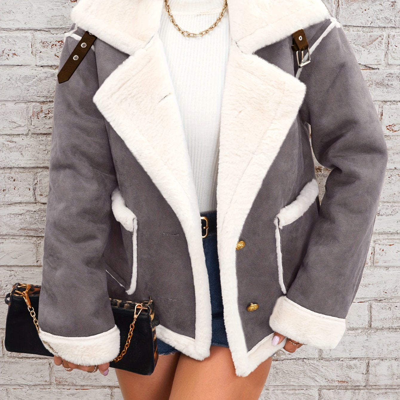 Women's Cozy Plush Lapel Jacket Fall Winter Solid Polyester Casual Biker Outwear