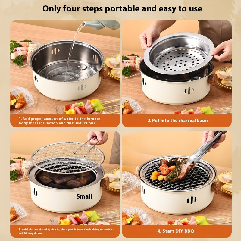 Portable Smokeless Charcoal BBQ Grill with Carbon Basin and Lifting Device for Outdoor Cooking
