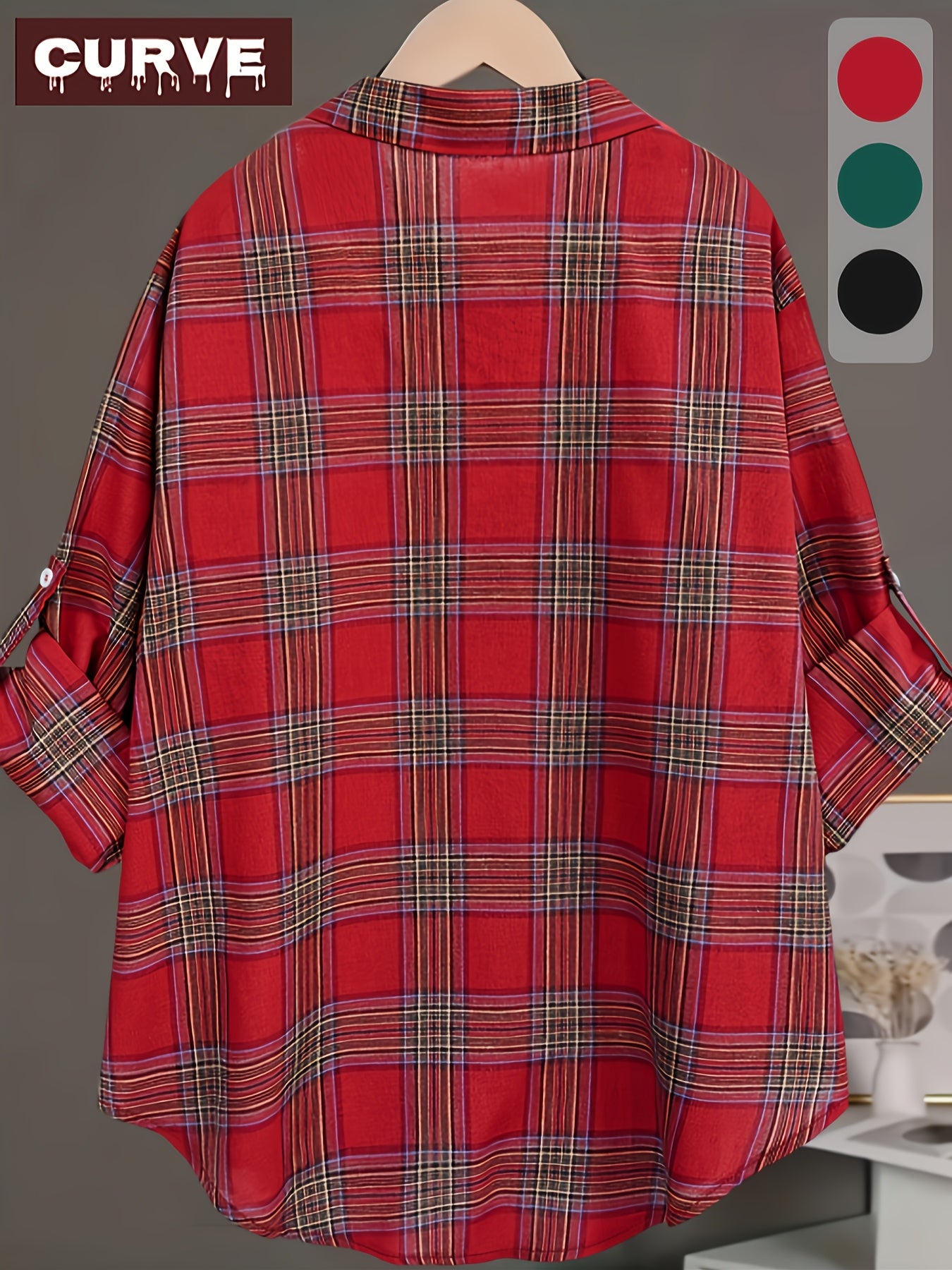 Plus Size Plaid Long Sleeve Shirt with Lapel Collar for Women