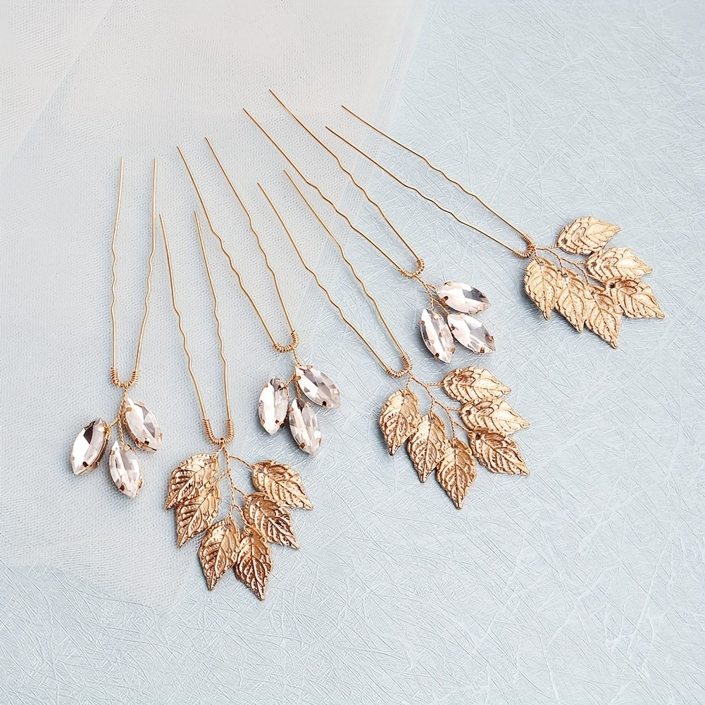 Set of 6 Leaf and Rhinestone Hair Pins for Bridal Wedding Hair Accessories