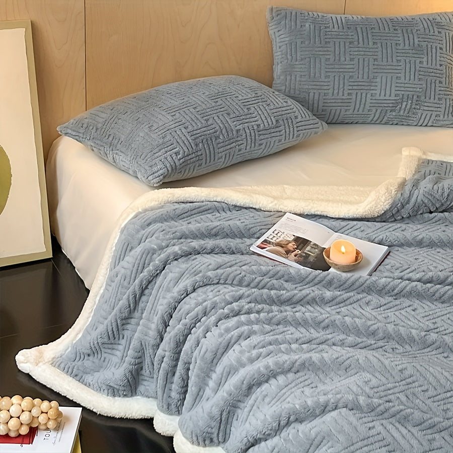 Double-Layer Solid Color Fleece Blanket Plush Throw for Sofa Bed Travel