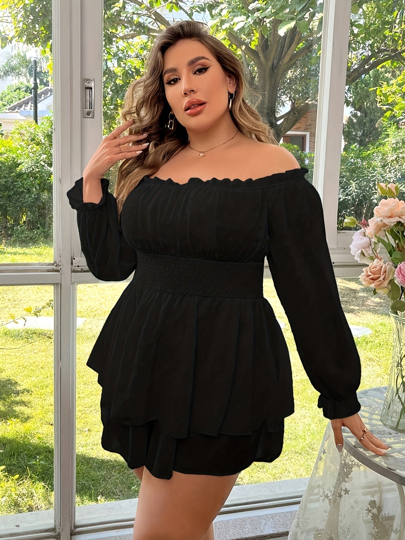 Women's Plus Size Off-Shoulder Ruffled Sleeve Jumpsuit Black Casual Elegant Romper