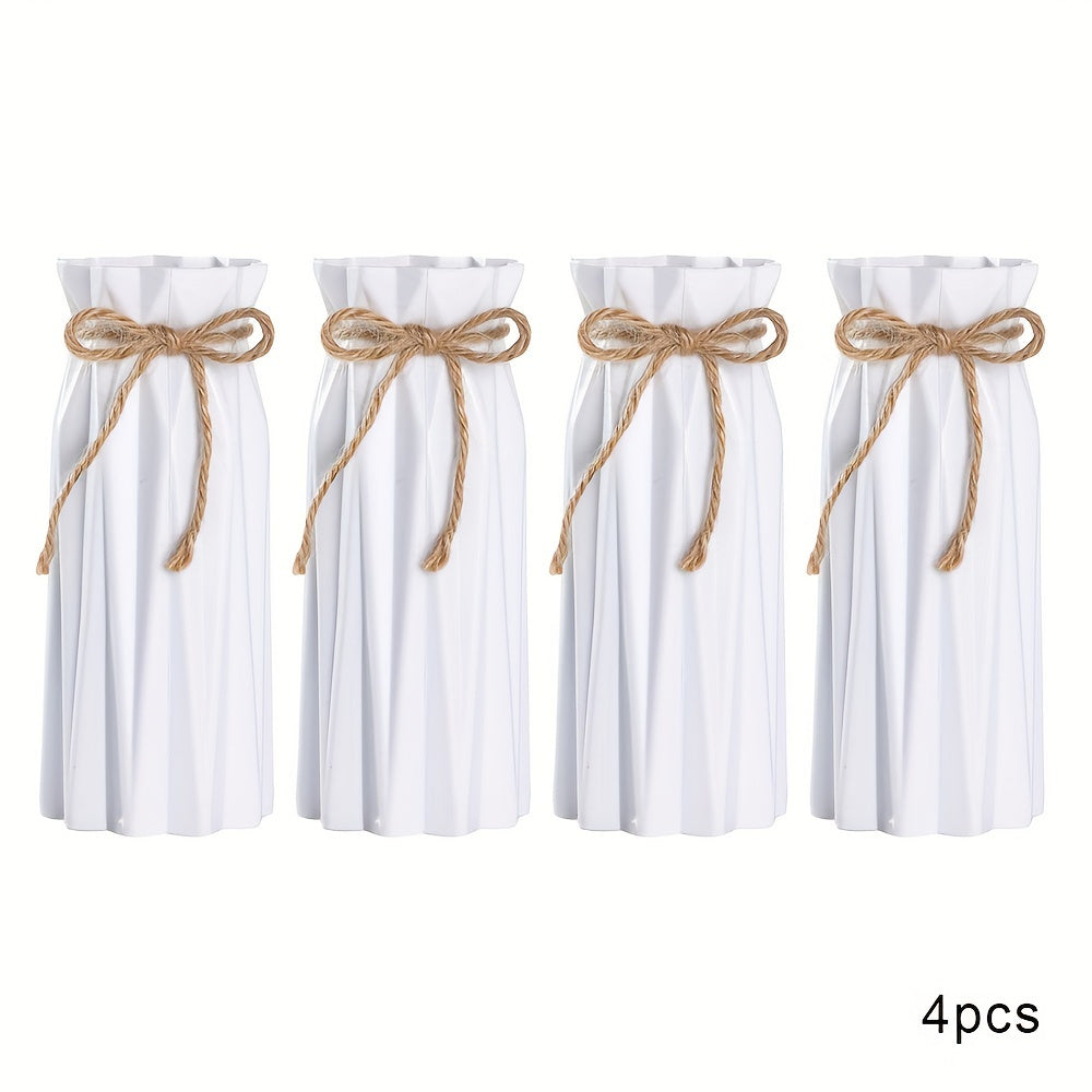 Set of 4 Plastic Vases with Origami Design and Pampas Grass Pattern 17.5cm Tall for Home Office Decor