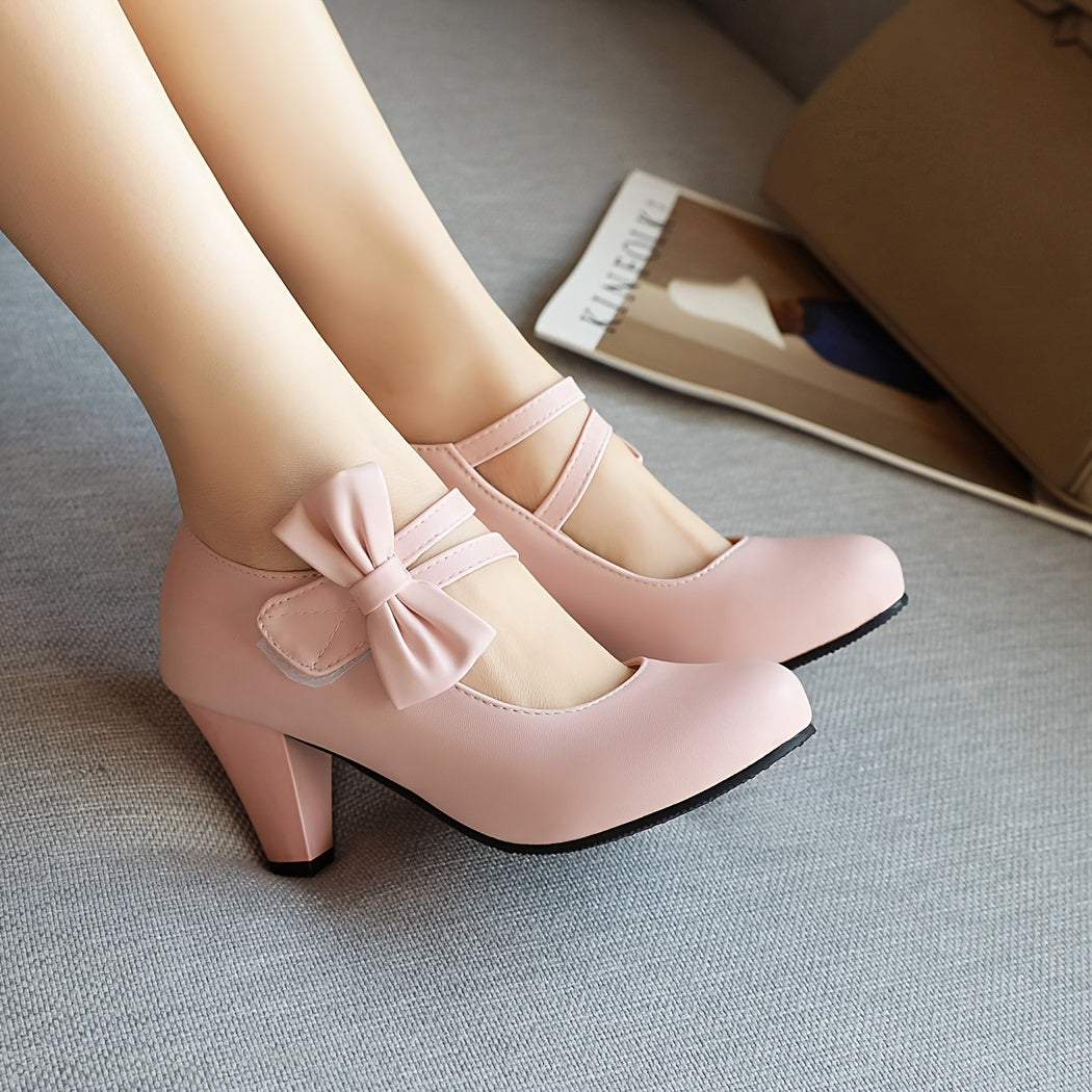 Women's PU Leather Round Toe Kitten Heel Pumps with Bowknot Ankle Straps