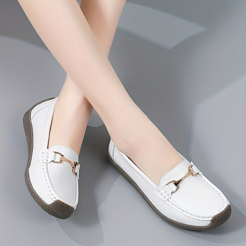 Women's Faux Leather Flat Loafers with Buckle Decoration Slip-On Casual Shoes