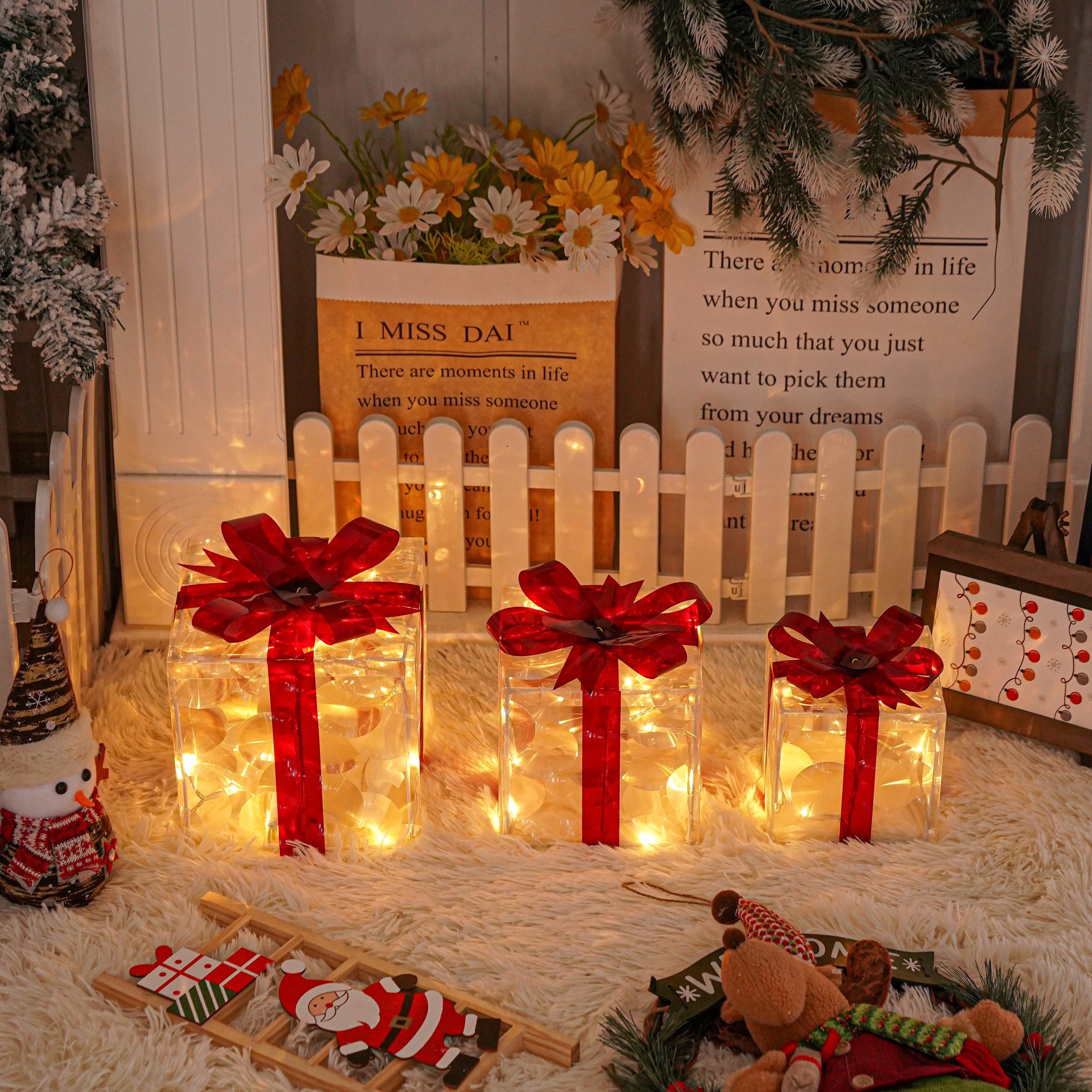 3 Christmas Lighted Gift Boxes with Warm White Lights and Red Bows for Decor