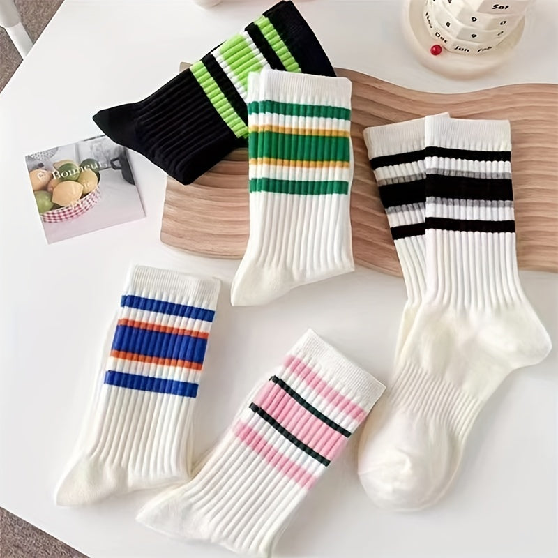 Women's Breathable Striped Mid Tube Socks 5 Pairs Knee-High Knit Polyester