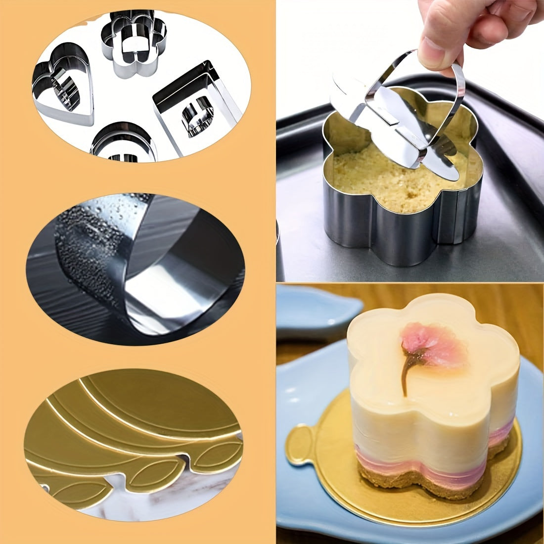 Stainless Steel Cake Mold Set with Push Plate Circular Heart Flower Shapes for Cheesecakes Pastries Cookies