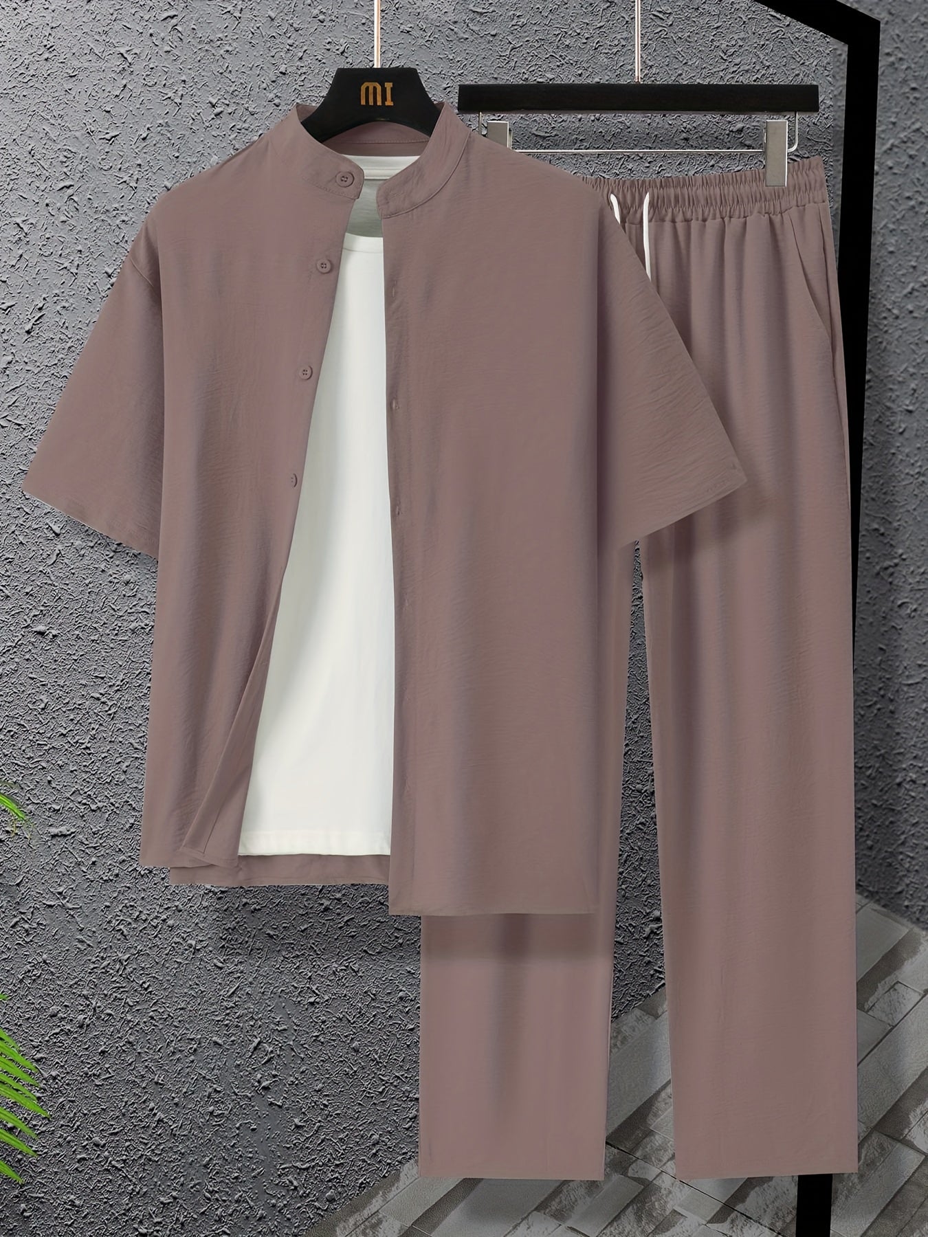 Мужской комплект из рубашки с воротником-стойкой и пуговицами и штанов с шнурком большого размера для спорта и отдыха