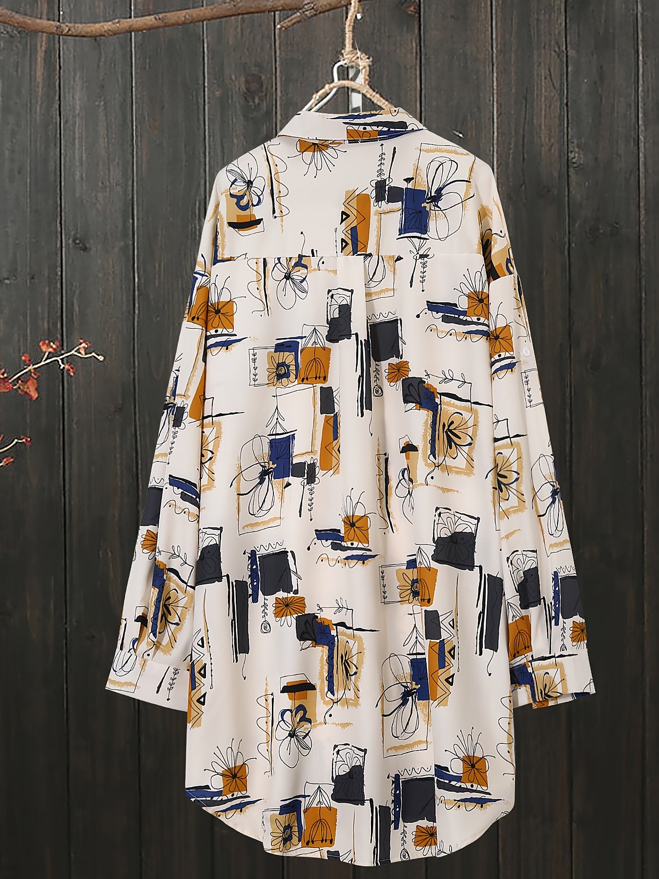 Plus Size Floral Print Long Sleeve Shirt Woven Fabric Asymmetrical Hem